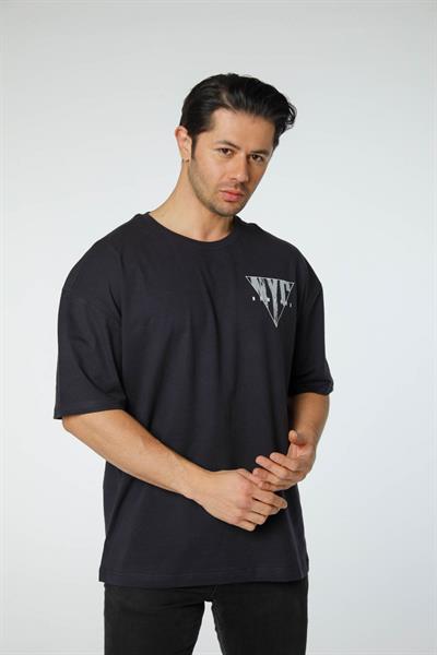 Baskılı Oversize Bisiklet Yaka T-Shirt