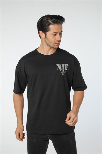 Baskılı Oversize Bisiklet Yaka T-Shirt