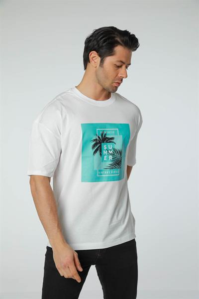 Baskılı Oversize Bisiklet Yaka T-Shirt