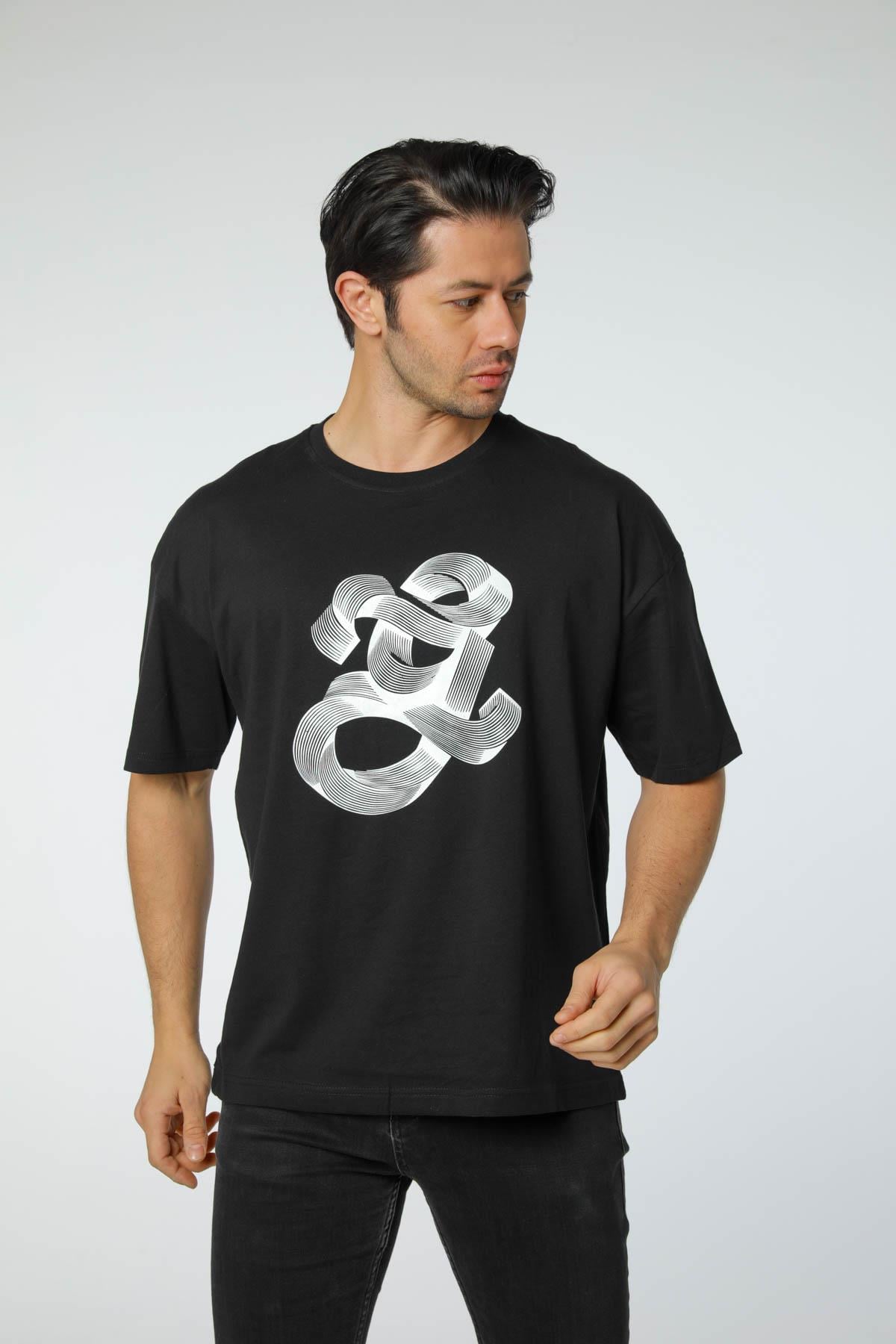 Baskılı Oversize Bisiklet Yaka T-Shirt