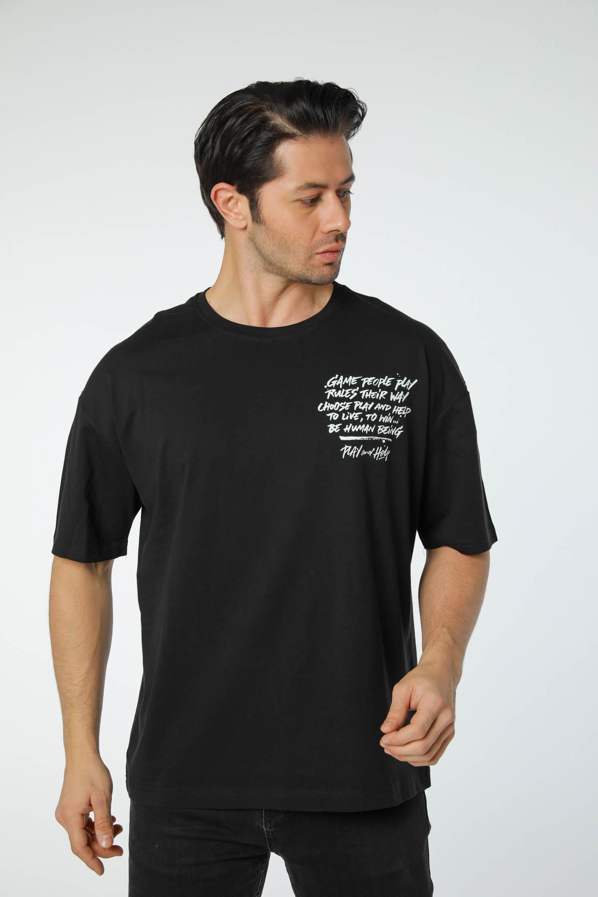 Baskılı Oversize Bisiklet Yaka T-Shirt