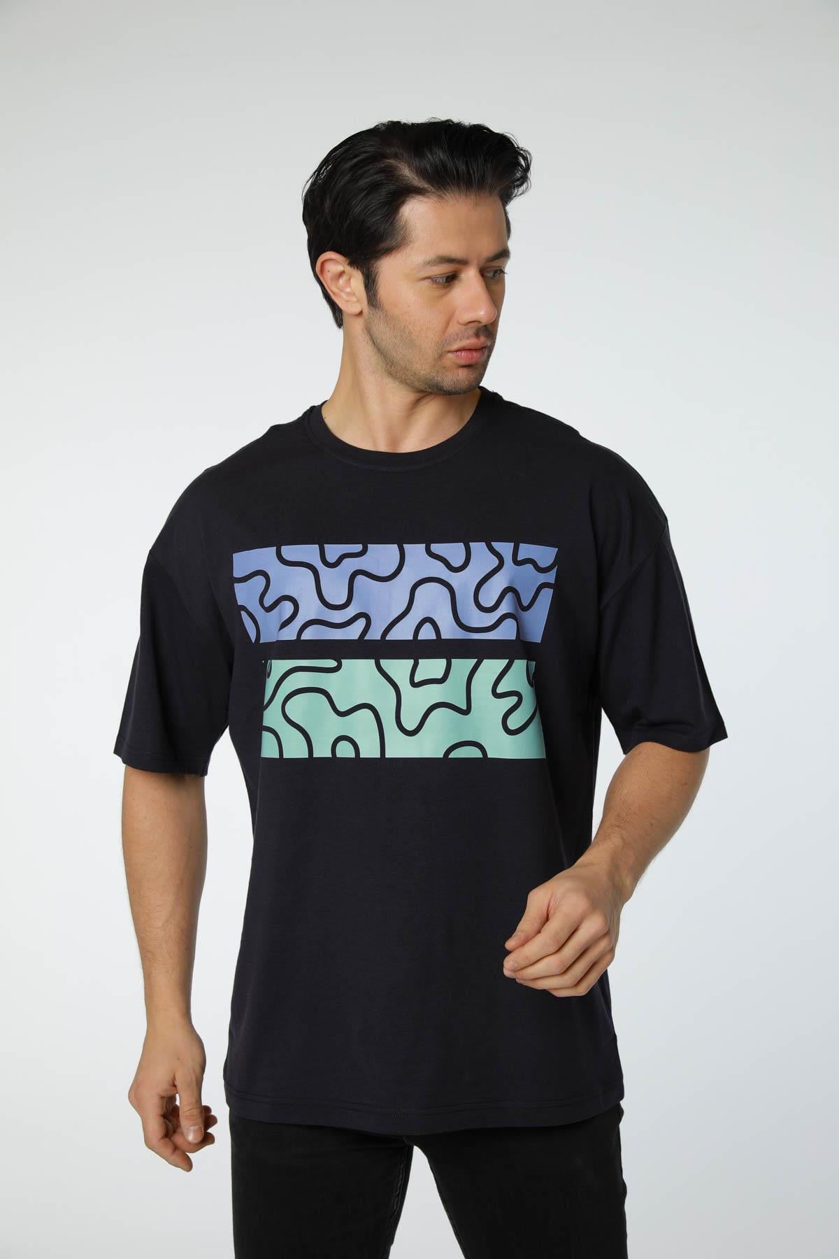 Baskılı Oversize Bisiklet Yaka T-Shirt