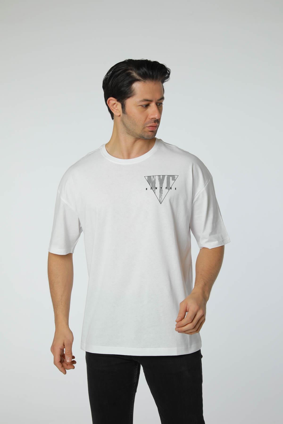 Baskılı Oversize Bisiklet Yaka T-Shirt