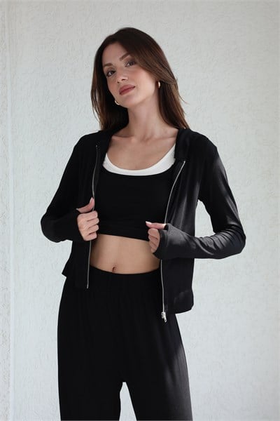 Kapşonlu Oysh Hırka-Crop-Pantolon Takım
