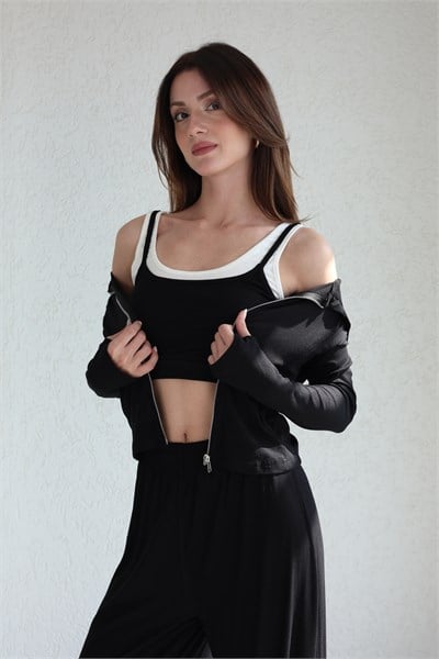 Kapşonlu Oysh Hırka-Crop-Pantolon Takım