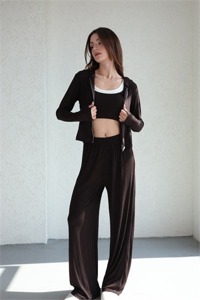 Kapşonlu Oysh Hırka-Crop-Pantolon Takım