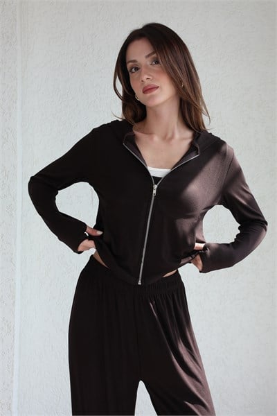 Kapşonlu Oysh Hırka-Crop-Pantolon Takım