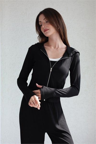 Kapşonlu Oysh Hırka-Crop-Pantolon Takım