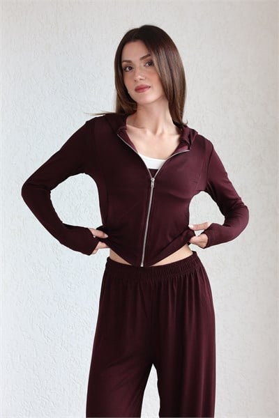 Kapşonlu Oysh Hırka-Crop-Pantolon Takım
