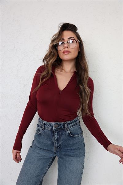 Hakim Yaka Fermuarlı Bodysuit