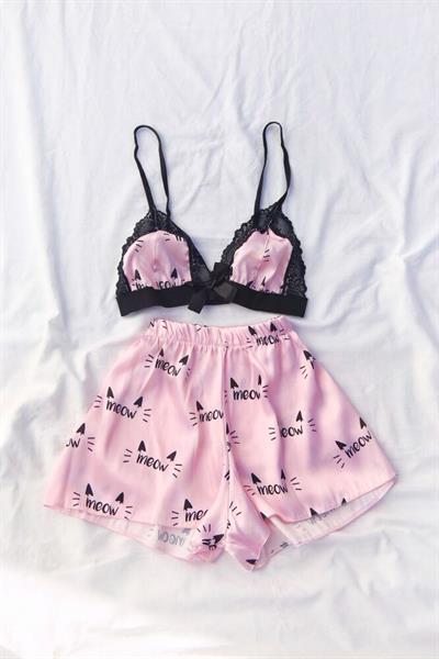 Bralet Şort Desenli Saten Takım