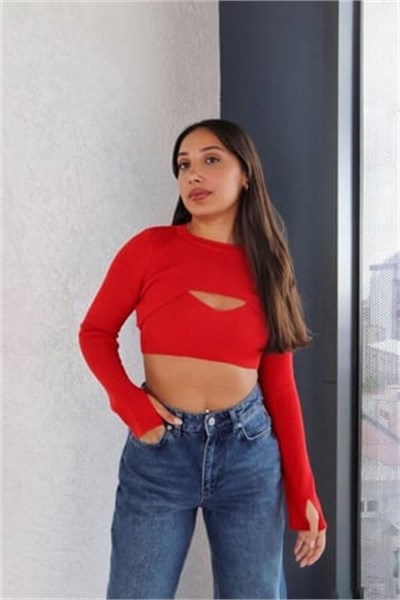 Parmak Geçmeli Bolerolu Crop Takım