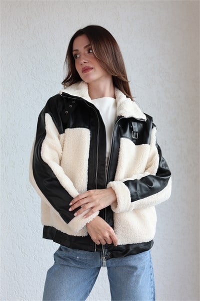 Deri Garnili Detaylı Biker Mont