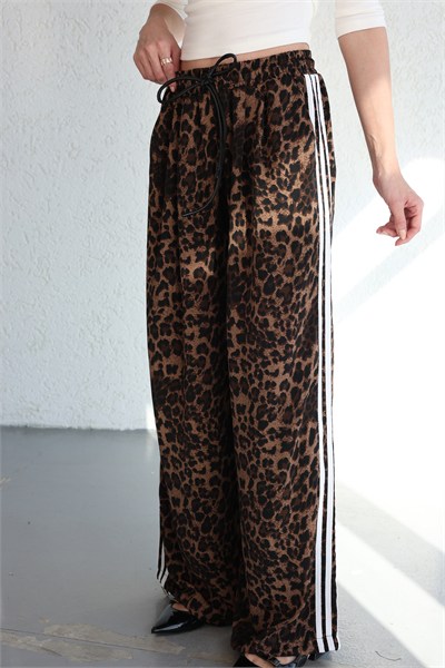 Şeritli Bol Paça Leopar Pantolon