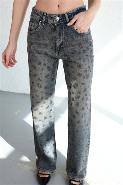 Tintli Leopar Taşlı Plazzo Jean