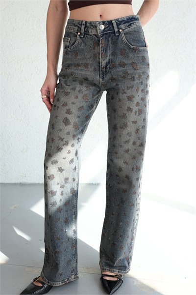 Tintli Leopar Taşlı Plazzo Jean