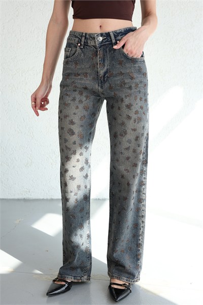 Tintli Leopar Taşlı Plazzo Jean