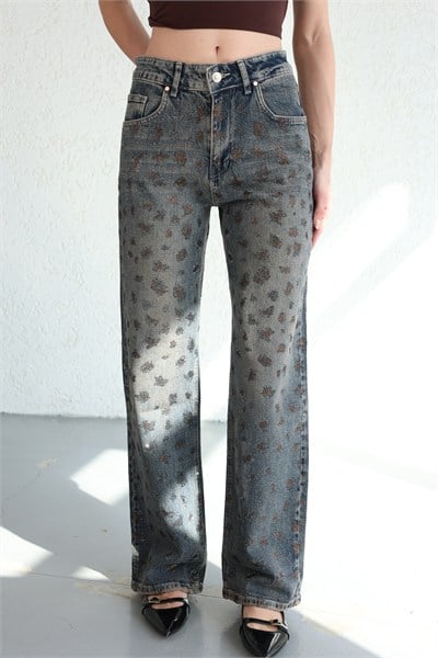 Tintli Leopar Taşlı Plazzo Jean