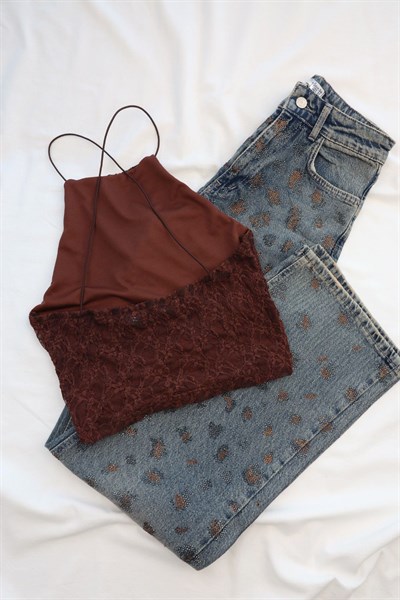 Lastikli Halter Dantel Crop