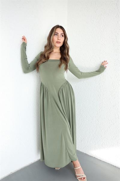 Kare Yaka Volanlı Maxi Elbise