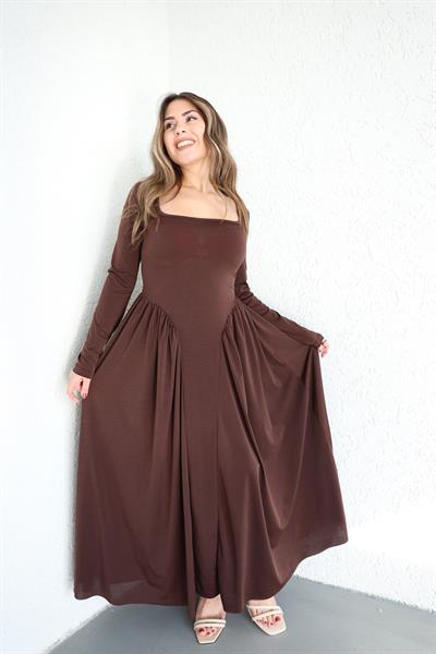 Kare Yaka Volanlı Maxi Elbise