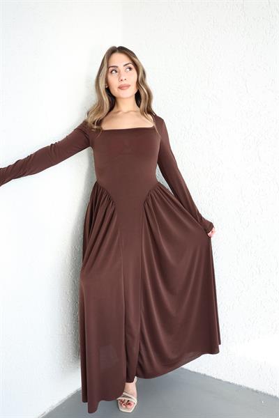 Kare Yaka Volanlı Maxi Elbise