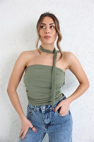 BluzStraplez Drapeli Fularlı Bluz