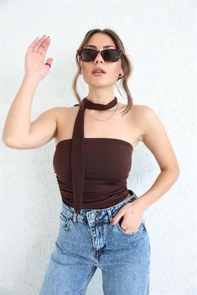 BluzStraplez Drapeli Fularlı Bluz