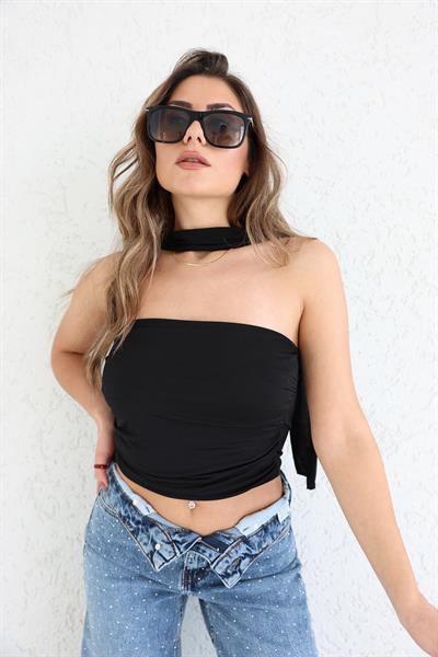 Straplez Drapeli Fularlı Bluz