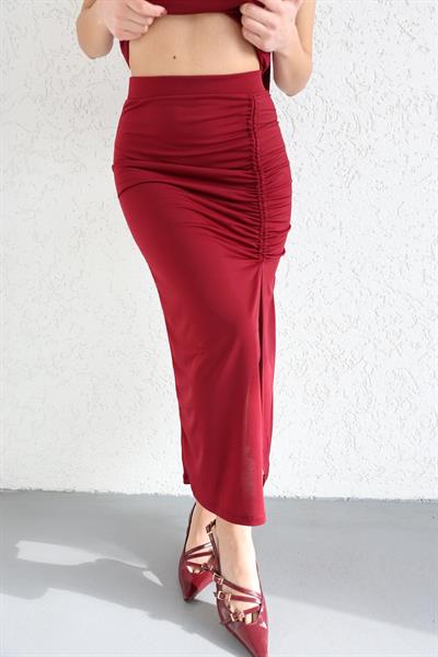 EtekBüzgülü Yırtmaçlı Midi Etek