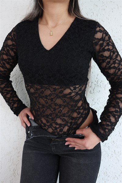 V Yaka Dantelli Bodysuit