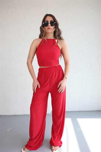 Halter Yaka Taşlı Plazzo Takım