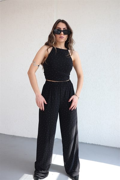 Halter Yaka Taşlı Plazzo Takım