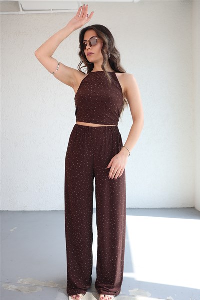 Halter Yaka Taşlı Plazzo Takım