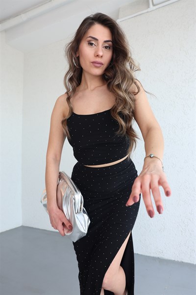 Taşlı Askılı Crop Etek Takım