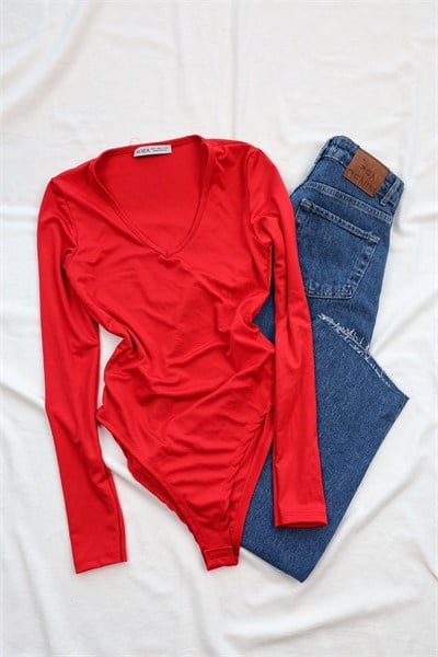 V Yaka Uzun Kol Bodysuit