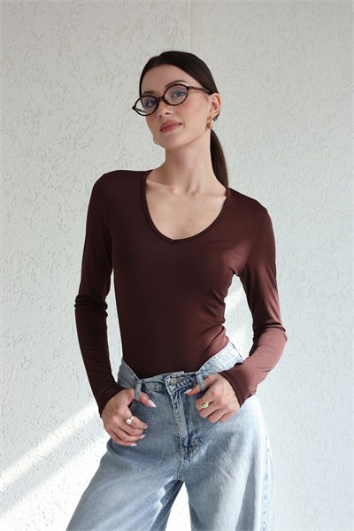V Yaka Uzun Kol Bodysuit