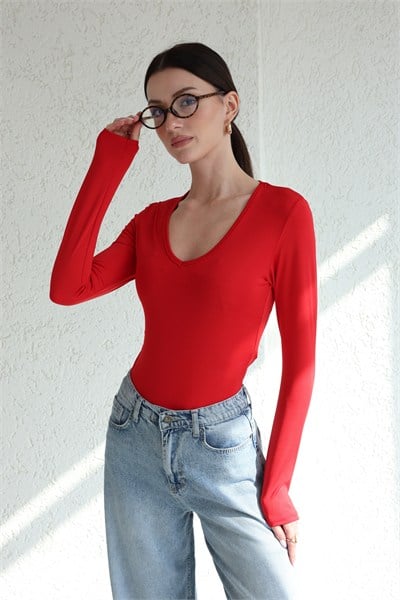 V Yaka Uzun Kol Bodysuit