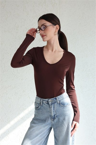 V Yaka Uzun Kol Bodysuit