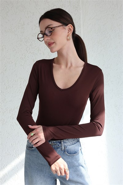 V Yaka Uzun Kol Bodysuit