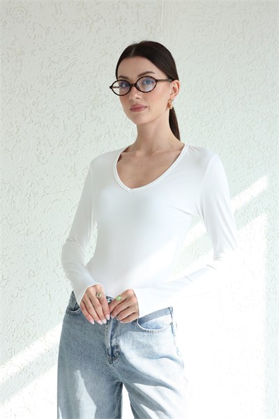 V Yaka Uzun Kol Bodysuit