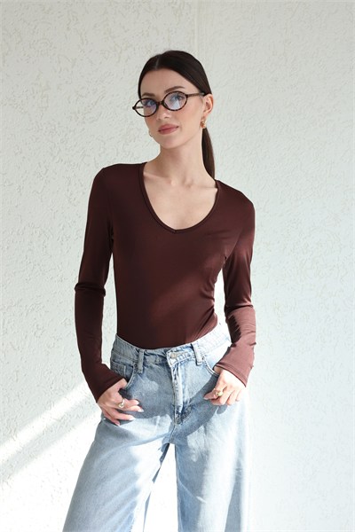 V Yaka Uzun Kol Bodysuit