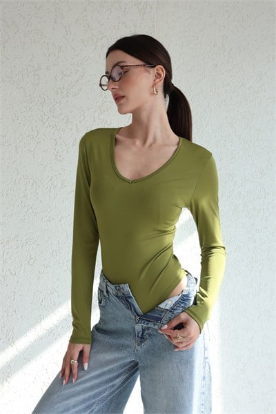 V Yaka Uzun Kol Bodysuit