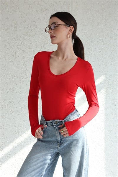 V Yaka Uzun Kol Bodysuit
