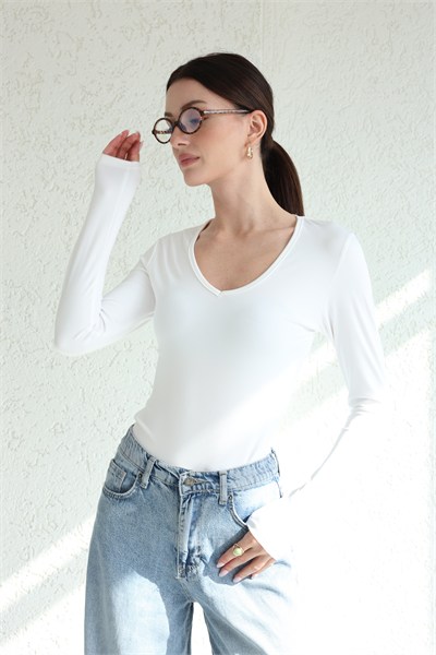 V Yaka Uzun Kol Bodysuit