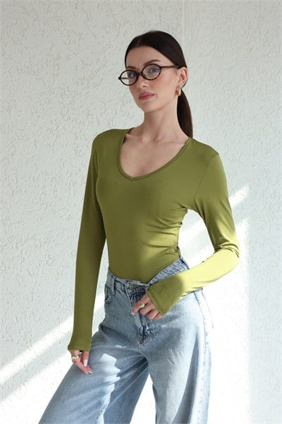 V Yaka Uzun Kol Bodysuit