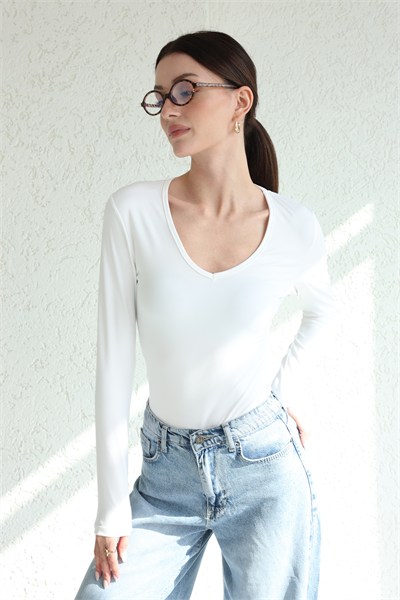 V Yaka Uzun Kol Bodysuit