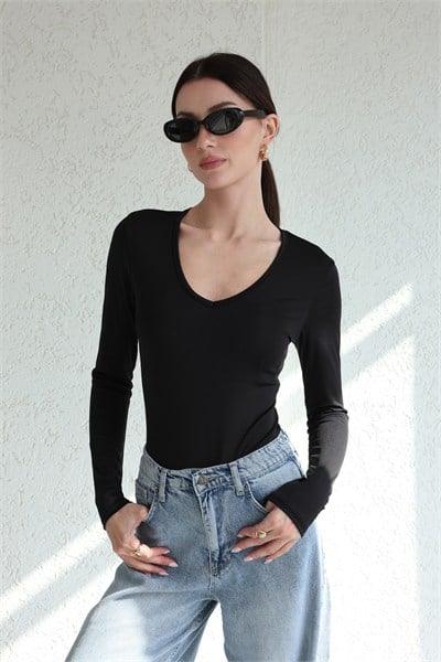 V Yaka Uzun Kol Bodysuit