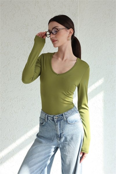 V Yaka Uzun Kol Bodysuit