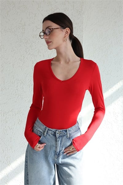 V Yaka Uzun Kol Bodysuit